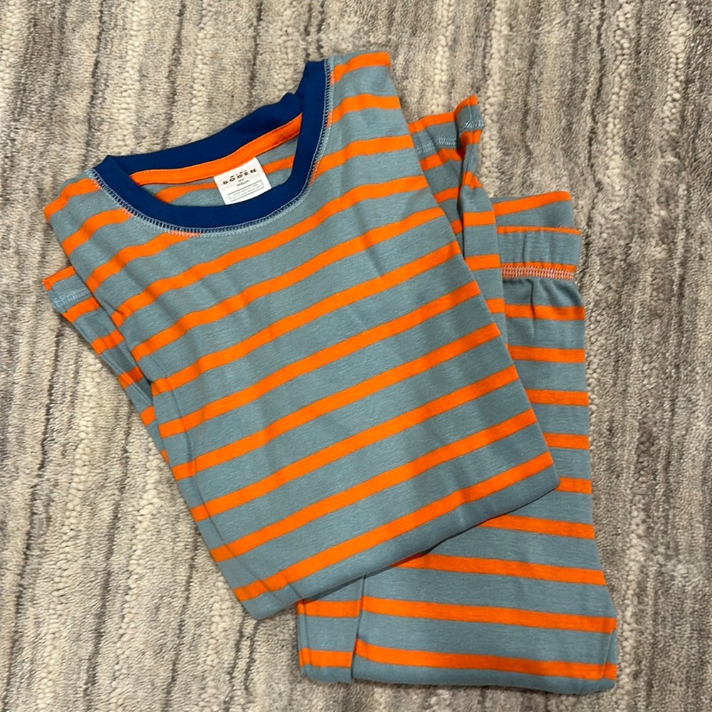Mini Boden snug orange and blue striped long John pajamas. Size 11Y